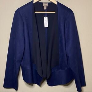 Chico’s Faux Suede Waterfall Drape Open Front Jacket Women XL Midnight Blue New